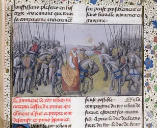Ms 659 f.267 r. Johann II. der Gute, von den Engländern in der Schlacht bei Poitiers gefangen genommen, 1356